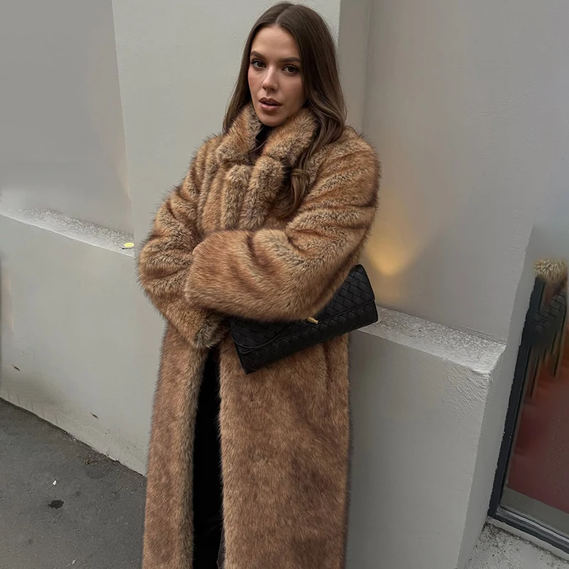 Tornova Autumn Winter Women Long Imitation Fur Coat Vintage High Quality Furry Overcoat Lapel Pocket 2025 Fashion Female Jacket