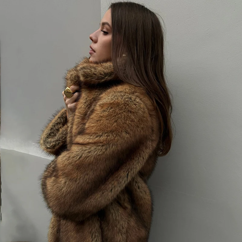 Tornova Autumn Winter Women Long Imitation Fur Coat Vintage High Quality Furry Overcoat Lapel Pocket 2025 Fashion Female Jacket