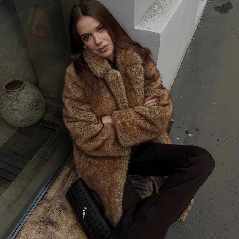 Tornova Autumn Winter Women Long Imitation Fur Coat Vintage High Quality Furry Overcoat Lapel Pocket 2025 Fashion Female Jacket
