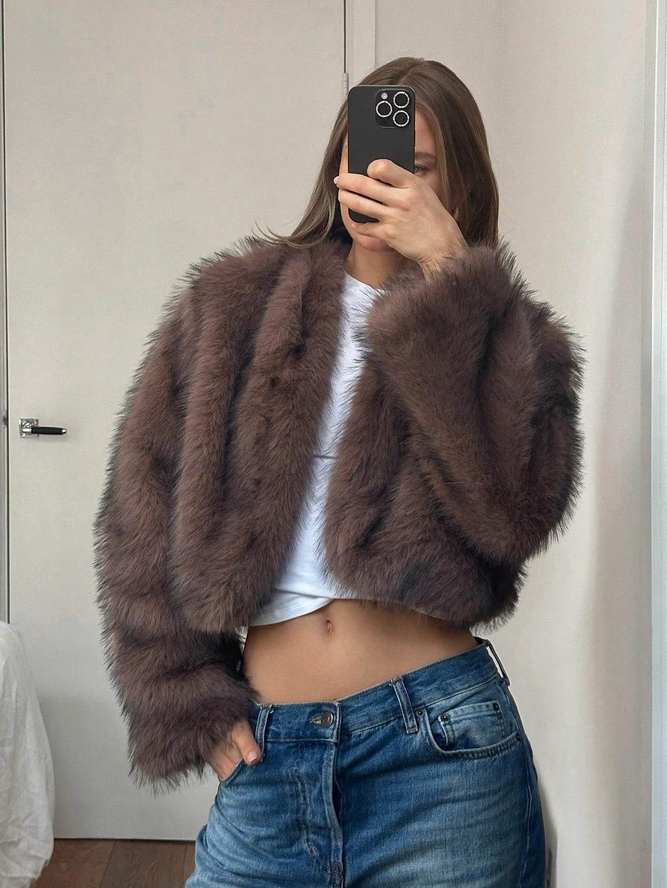 Women Winter Faux Fur Coat Short Fluffy Open Front Dark Brown Beige 2026 New Y2K Warm Trendy Streetwear Outerwear