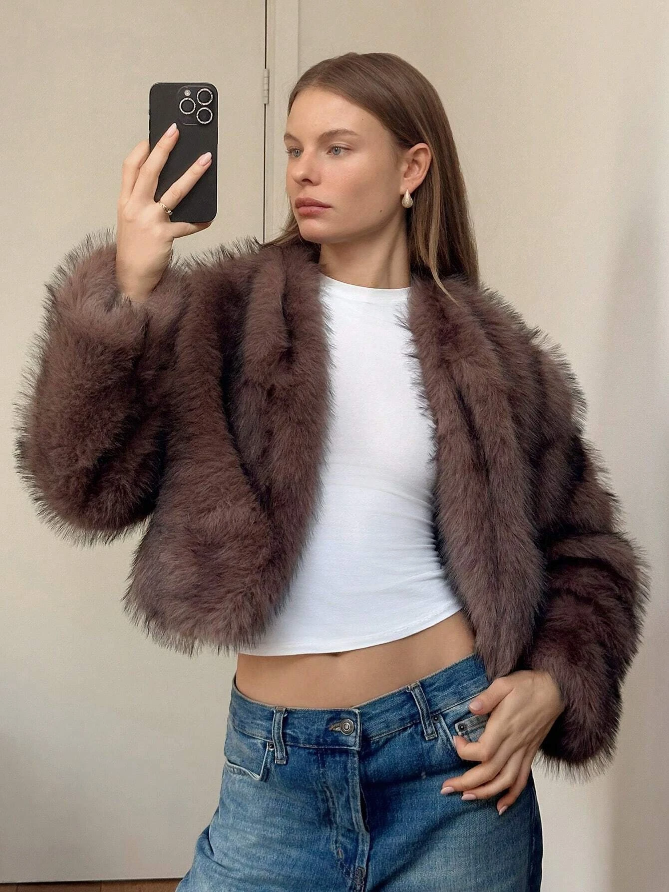 Women Winter Faux Fur Coat Short Fluffy Open Front Dark Brown Beige 2026 New Y2K Warm Trendy Streetwear Outerwear