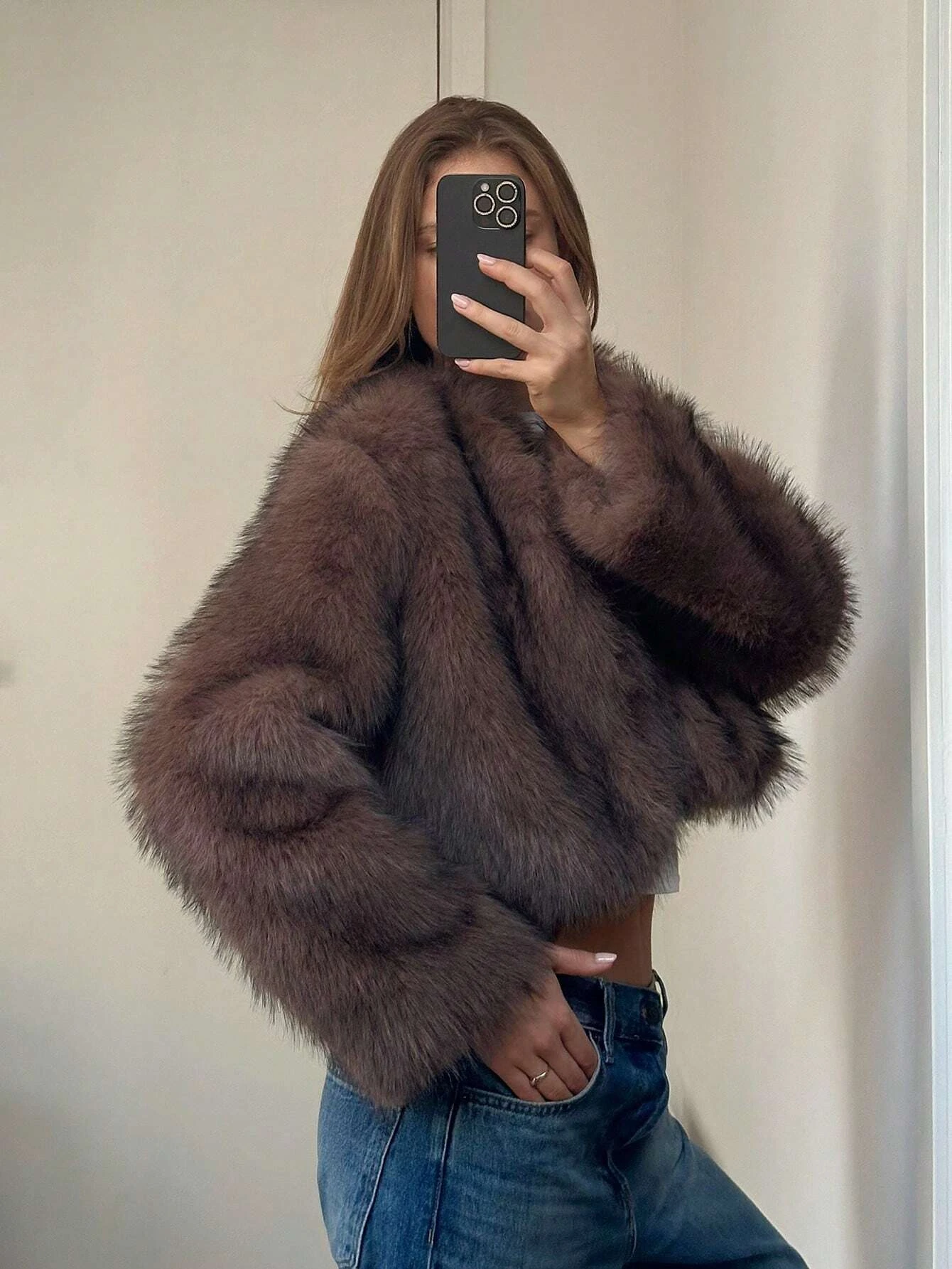 Women Winter Faux Fur Coat Short Fluffy Open Front Dark Brown Beige 2026 New Y2K Warm Trendy Streetwear Outerwear