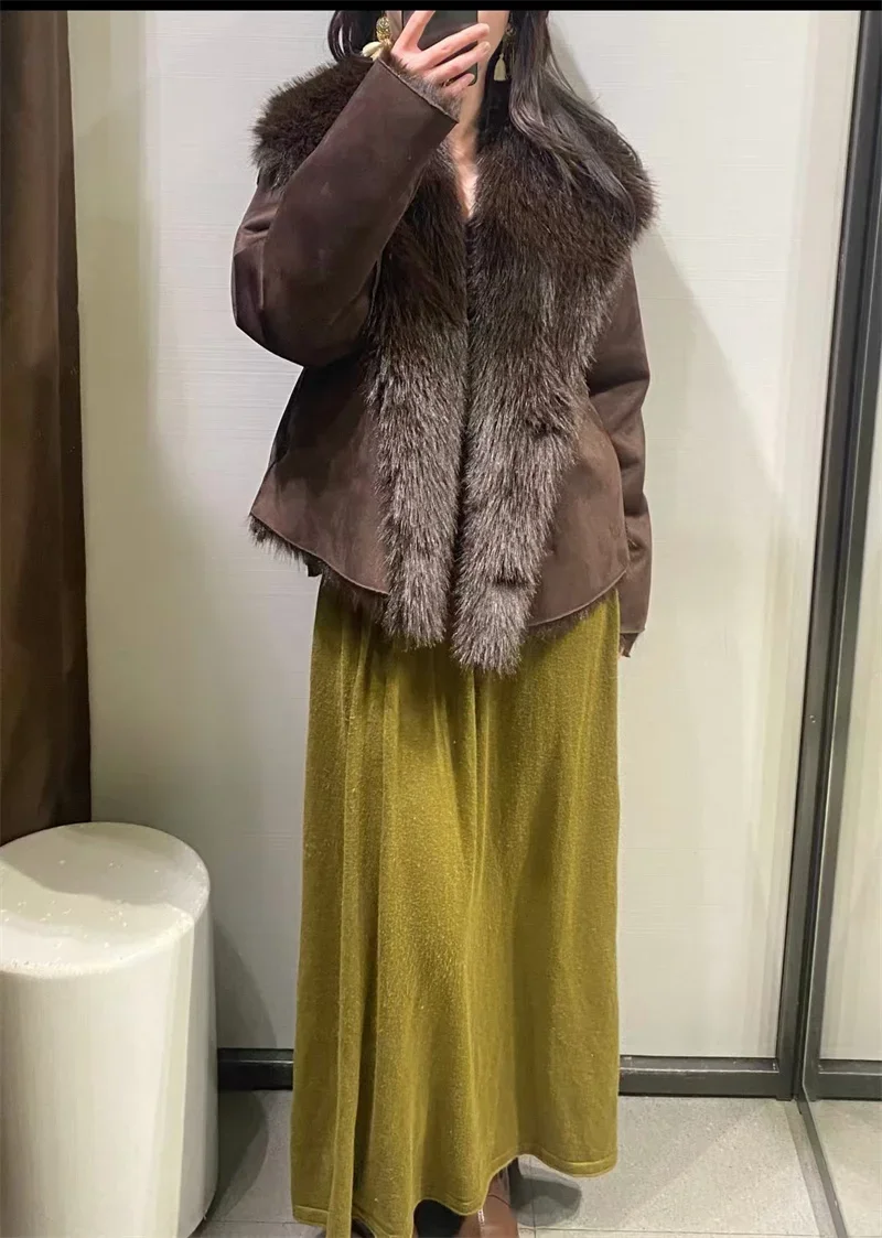 Guobioziy Women's Jacket 2026 Autumn/Winter New Arrival Brown Long-Sleeve Double-Sided Warm Jacket Elegant and High-End Style