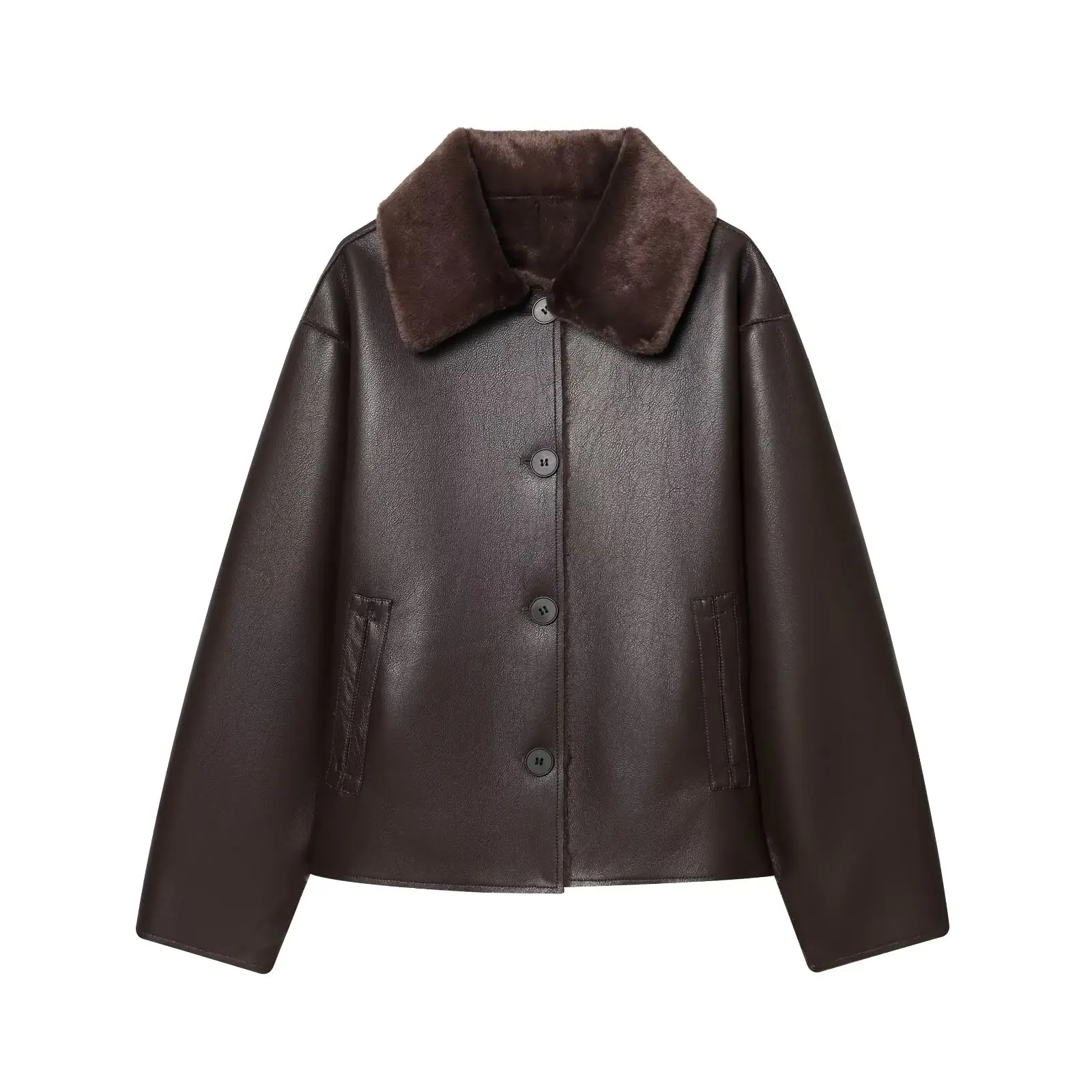 Women's Reversible Faux Leather Jacket, Faux Sherpa Coat, Lapel Button Up Outerwear, Loose Short Warm Winter Outwear, Streetwear