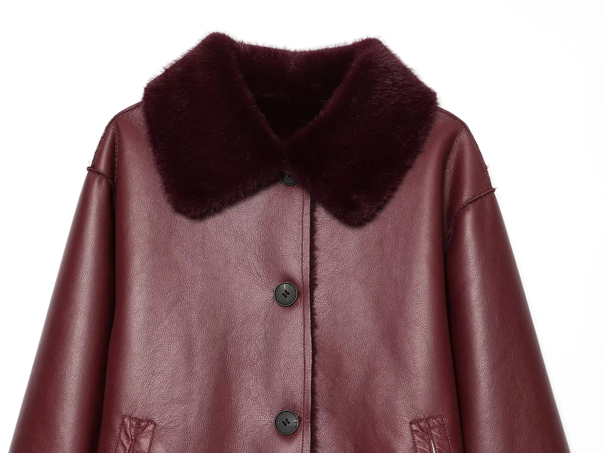 Women's Reversible Faux Leather Jacket, Faux Sherpa Coat, Lapel Button Up Outerwear, Loose Short Warm Winter Outwear, Streetwear