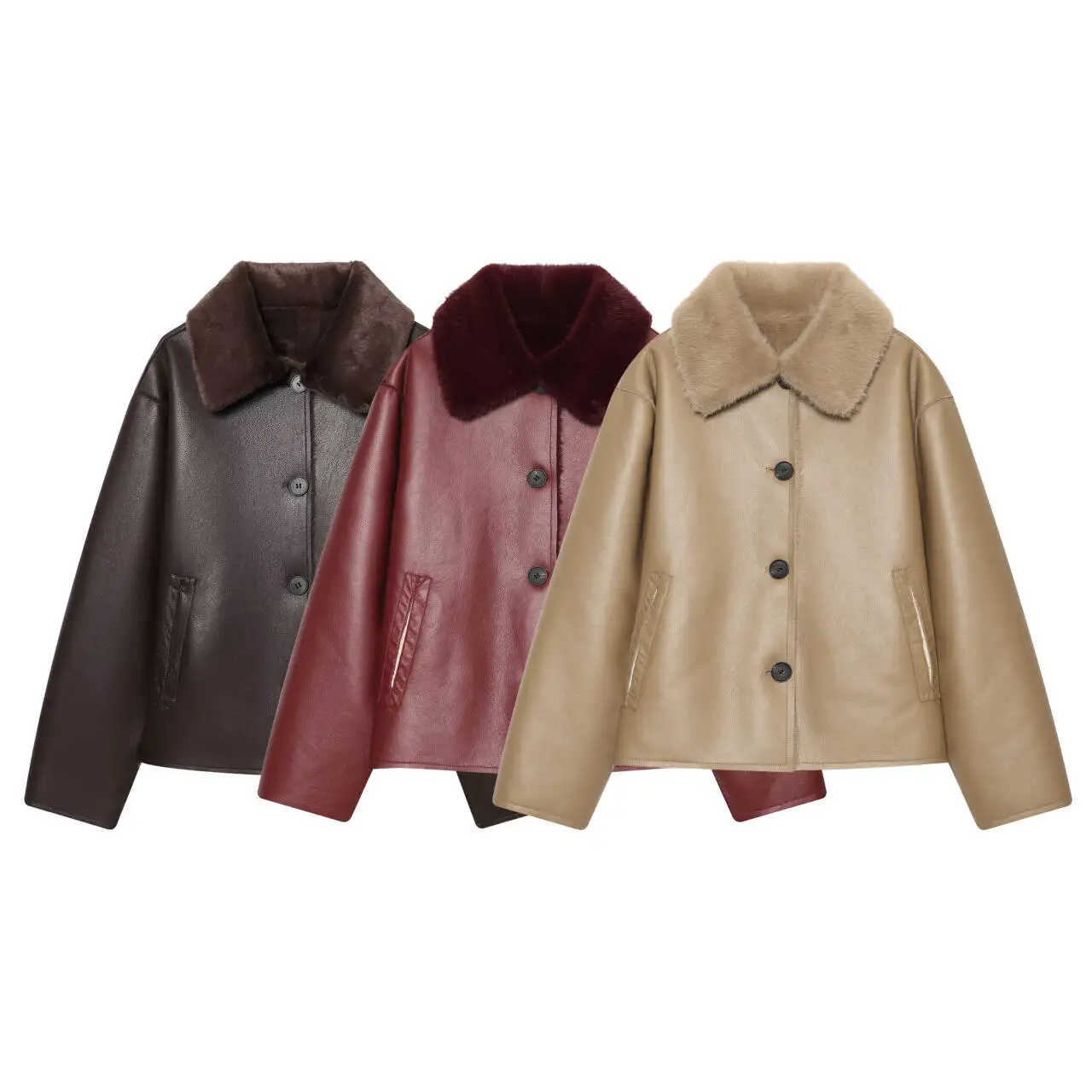 Women's Reversible Faux Leather Jacket, Faux Sherpa Coat, Lapel Button Up Outerwear, Loose Short Warm Winter Outwear, Streetwear