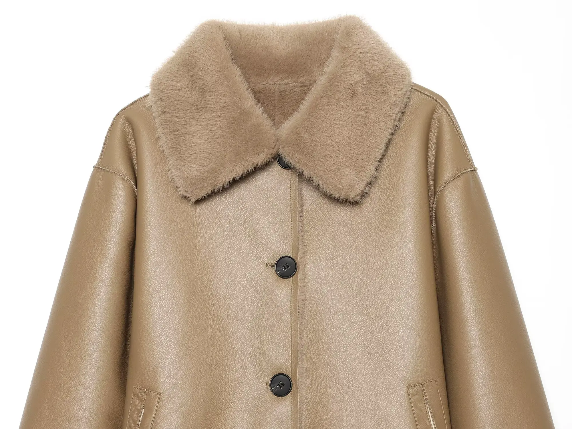 Women's Reversible Faux Leather Jacket, Faux Sherpa Coat, Lapel Button Up Outerwear, Loose Short Warm Winter Outwear, Streetwear