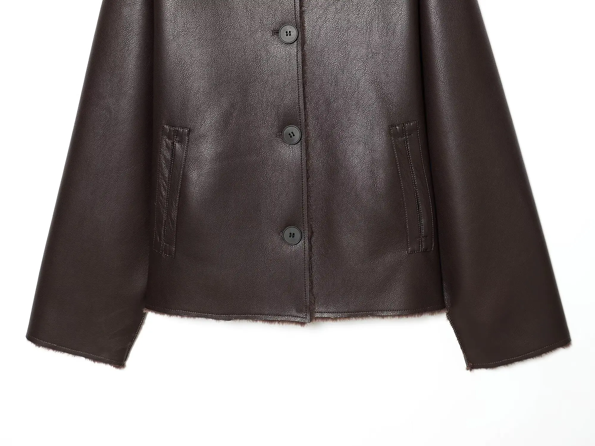 Women's Reversible Faux Leather Jacket, Faux Sherpa Coat, Lapel Button Up Outerwear, Loose Short Warm Winter Outwear, Streetwear