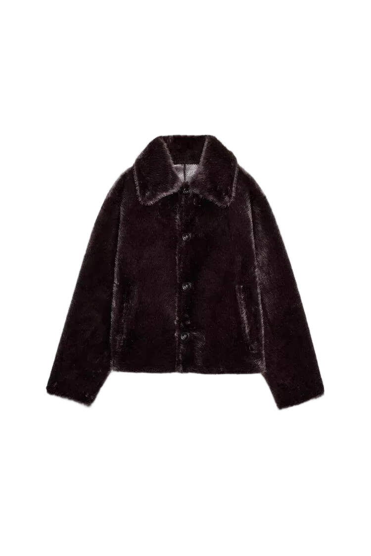 Women's Reversible Faux Leather Jacket, Faux Sherpa Coat, Lapel Button Up Outerwear, Loose Short Warm Winter Outwear, Streetwear