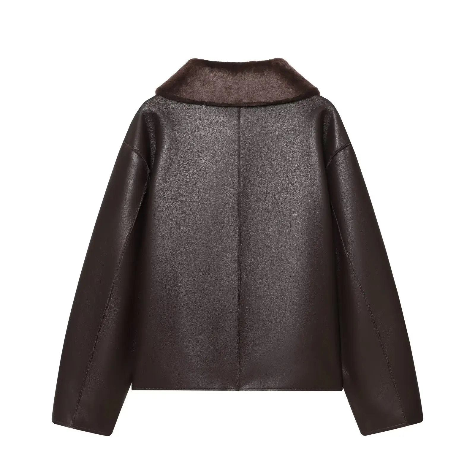 Women's Reversible Faux Leather Jacket, Faux Sherpa Coat, Lapel Button Up Outerwear, Loose Short Warm Winter Outwear, Streetwear