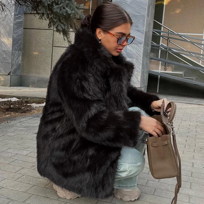 Tornova Women Winter 2026 High Quality Luxury Faux Fur Coat Thicken Warm Overcoat Outerwear Hot Girls Solid Long Fox Fur Jacket