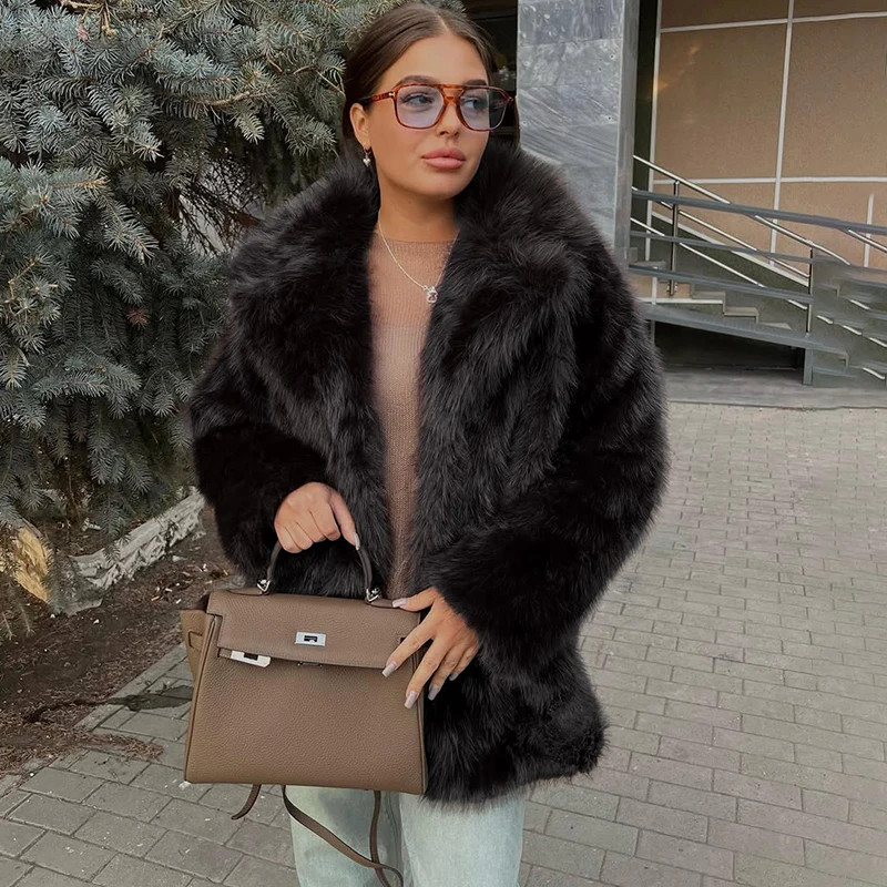 Tornova Women Winter 2026 High Quality Luxury Faux Fur Coat Thicken Warm Overcoat Outerwear Hot Girls Solid Long Fox Fur Jacket