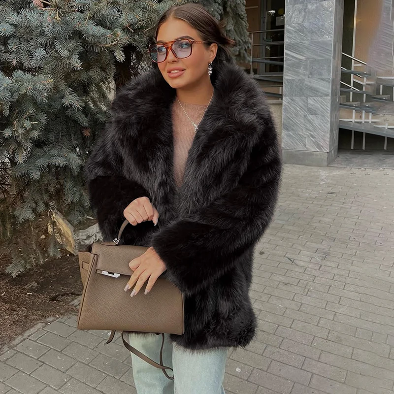 Tornova Women Winter 2026 High Quality Luxury Faux Fur Coat Thicken Warm Overcoat Outerwear Hot Girls Solid Long Fox Fur Jacket