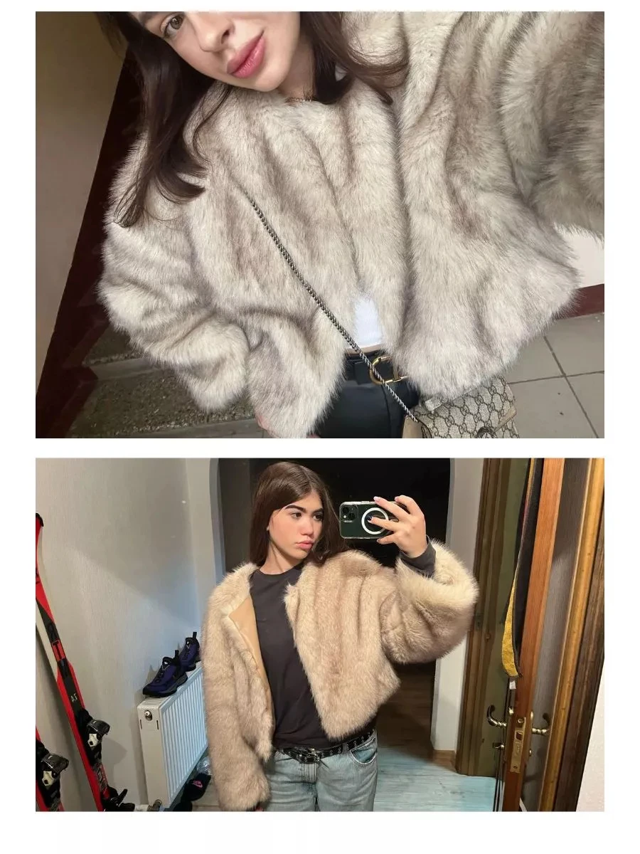 Women Winter Faux Fur Coat Short Fluffy 2026 New Light Grey Old Money Elegant Warm Luxury Streetwear Outerwear