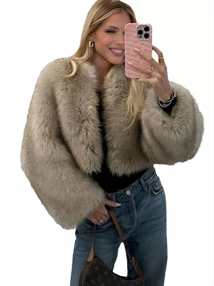 Women Winter Faux Fur Coat Short Fluffy 2026 New Light Grey Old Money Elegant Warm Luxury Streetwear Outerwear