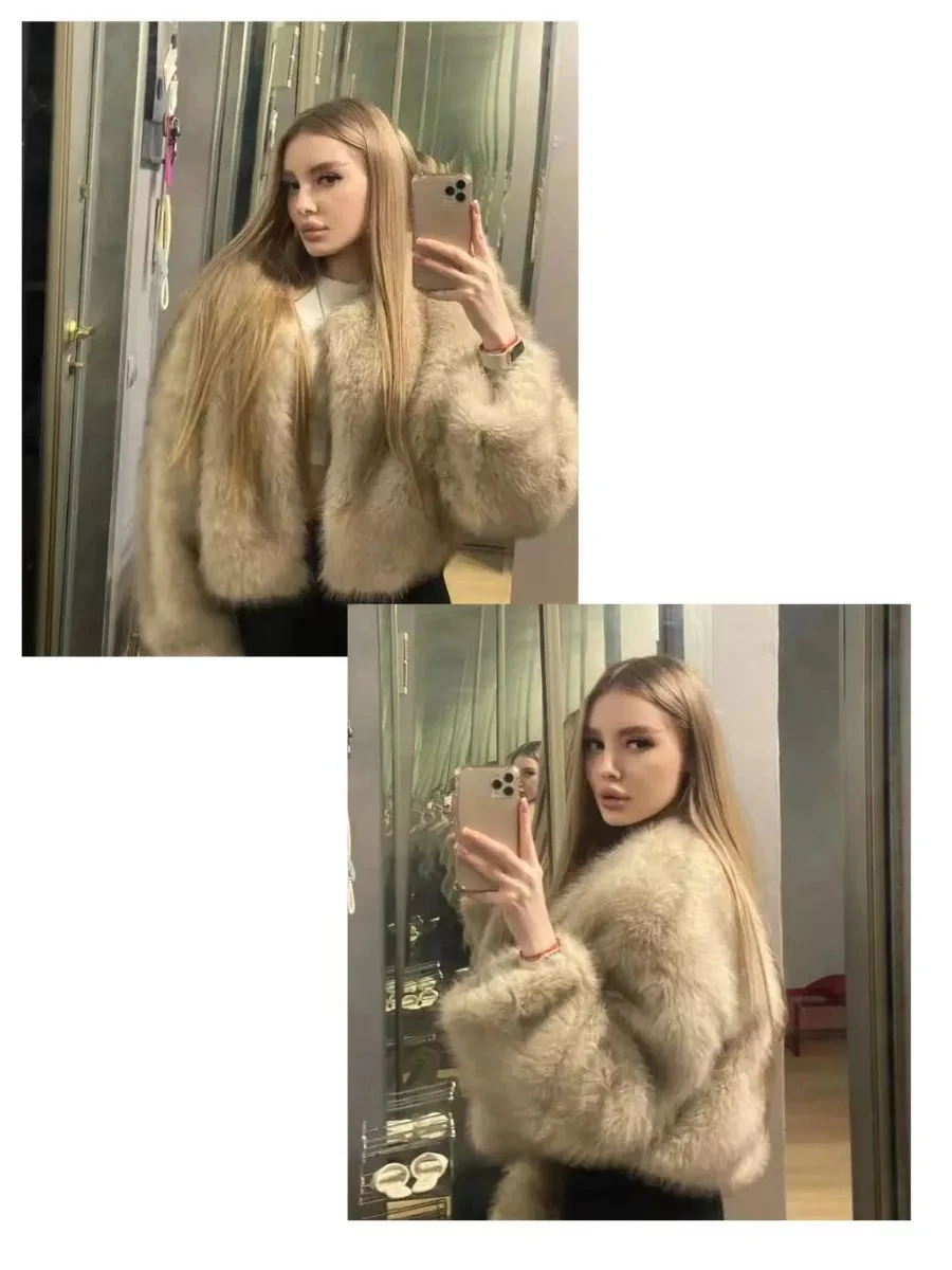 Women Winter Faux Fur Coat Short Fluffy 2026 New Light Grey Old Money Elegant Warm Luxury Streetwear Outerwear