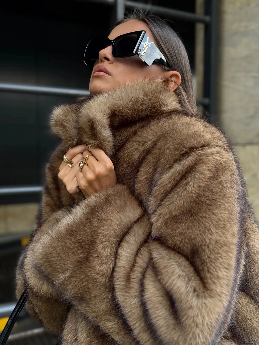 Women Wide Shawl Collar Faux Fur Mid-Length Coat, Hidden Hook Closure Oversized Fluffy, Premium Insulated Winter Warm Outerwear