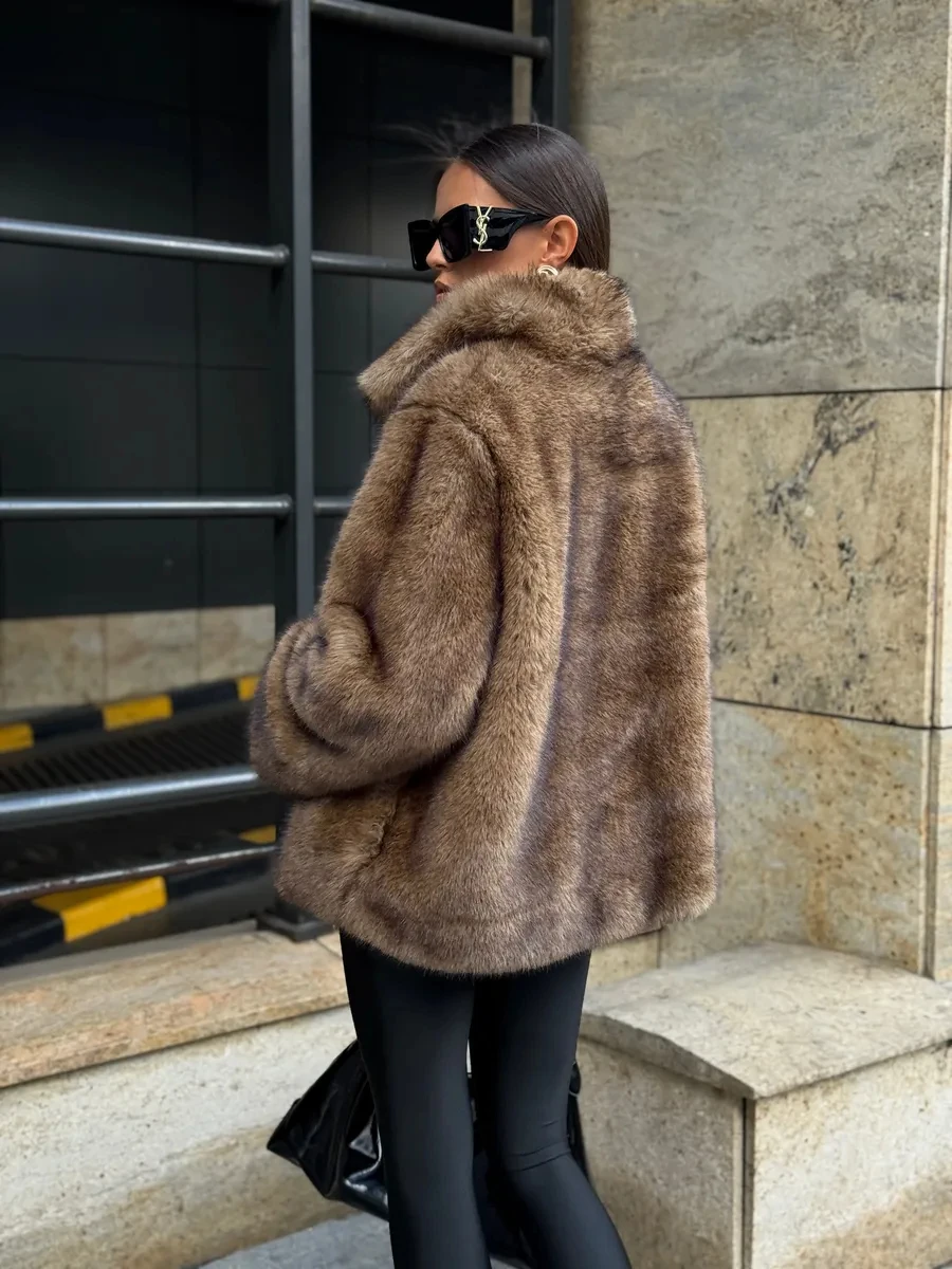 Women Wide Shawl Collar Faux Fur Mid-Length Coat, Hidden Hook Closure Oversized Fluffy, Premium Insulated Winter Warm Outerwear
