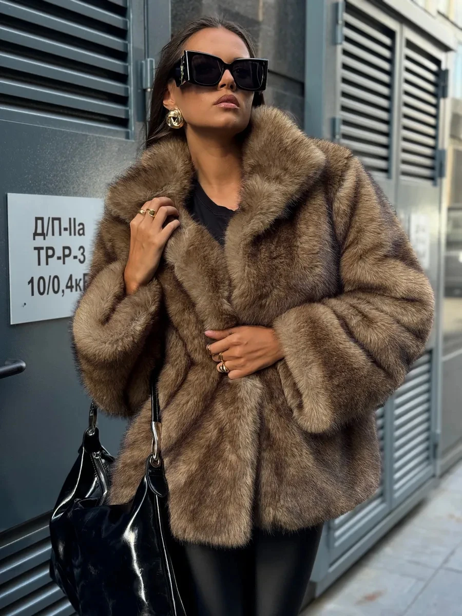 Women Wide Shawl Collar Faux Fur Mid-Length Coat, Hidden Hook Closure Oversized Fluffy, Premium Insulated Winter Warm Outerwear