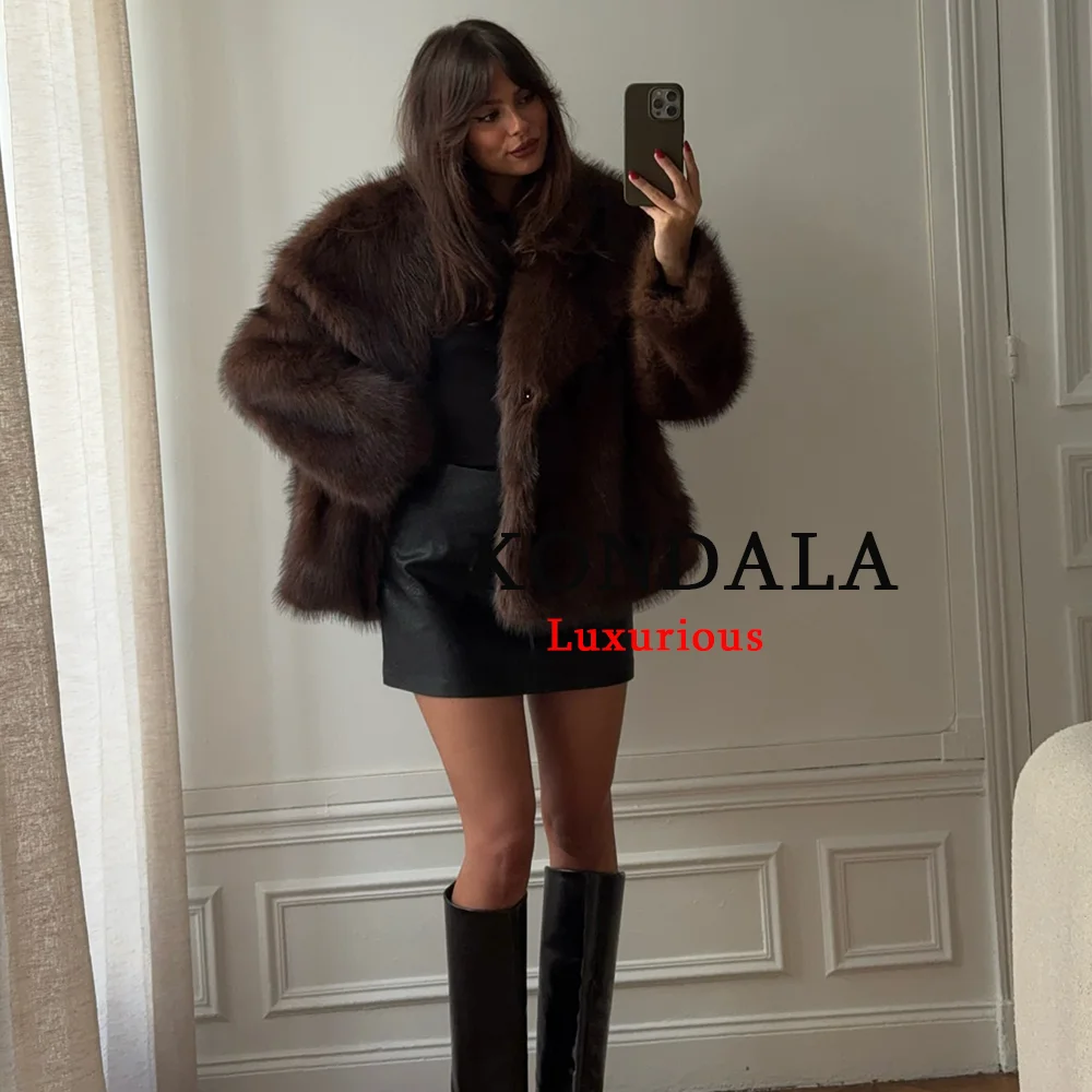 KONDALA Casual Brown Thick Fur Jackets Women Long Sleeve V Neck Autumn Winter Faux Fur Coats Fashion 2025 Streetwear Outwears