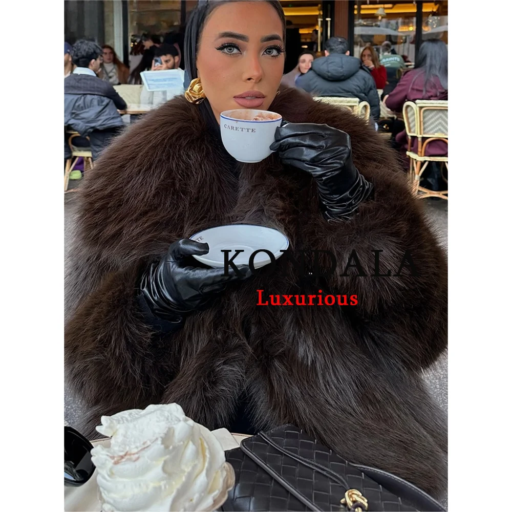 KONDALA Casual Brown Thick Fur Jackets Women Long Sleeve V Neck Autumn Winter Faux Fur Coats Fashion 2025 Streetwear Outwears