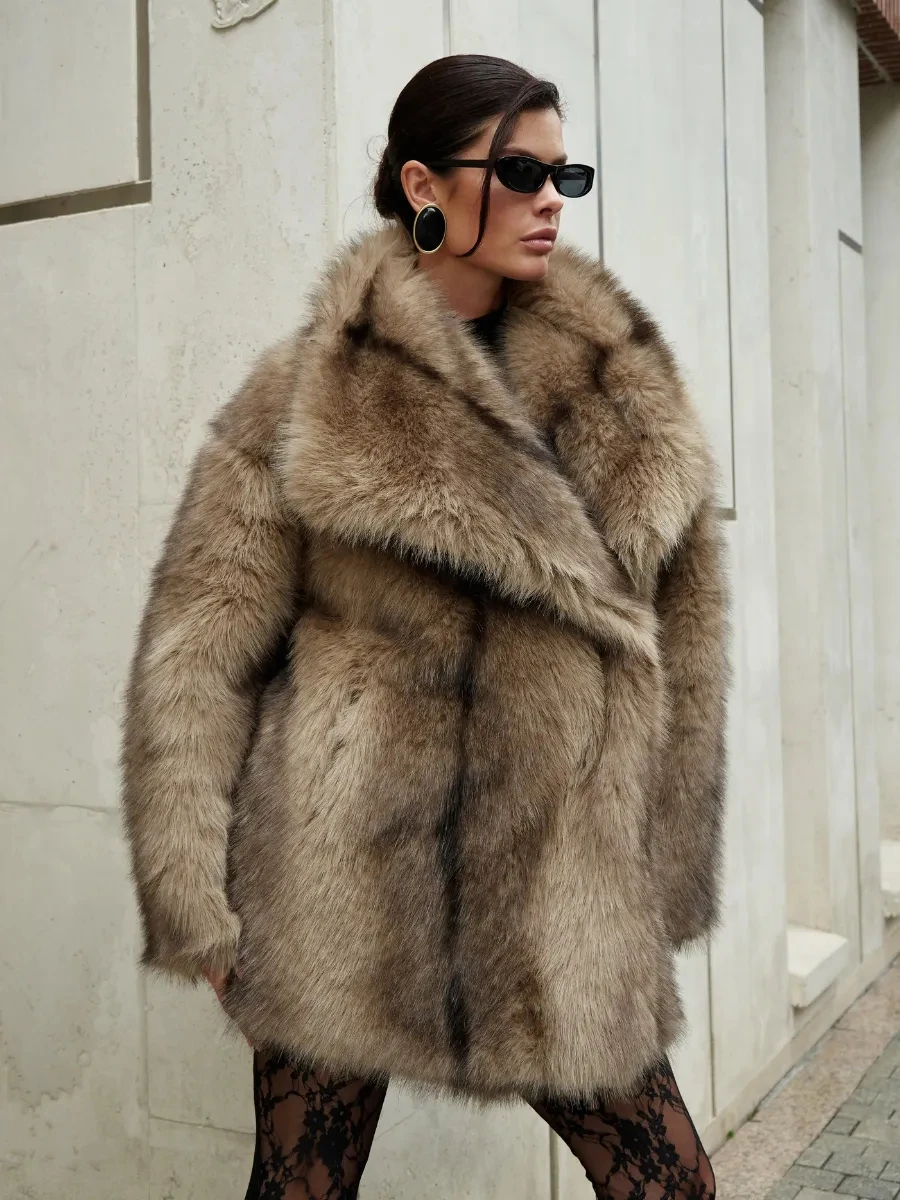 IG Women Wide Lapel Faux Fur Mid-Length Coat, Insulated Fluffy Oversized Jacket, Winter Warm Street Style Casual Outerwear