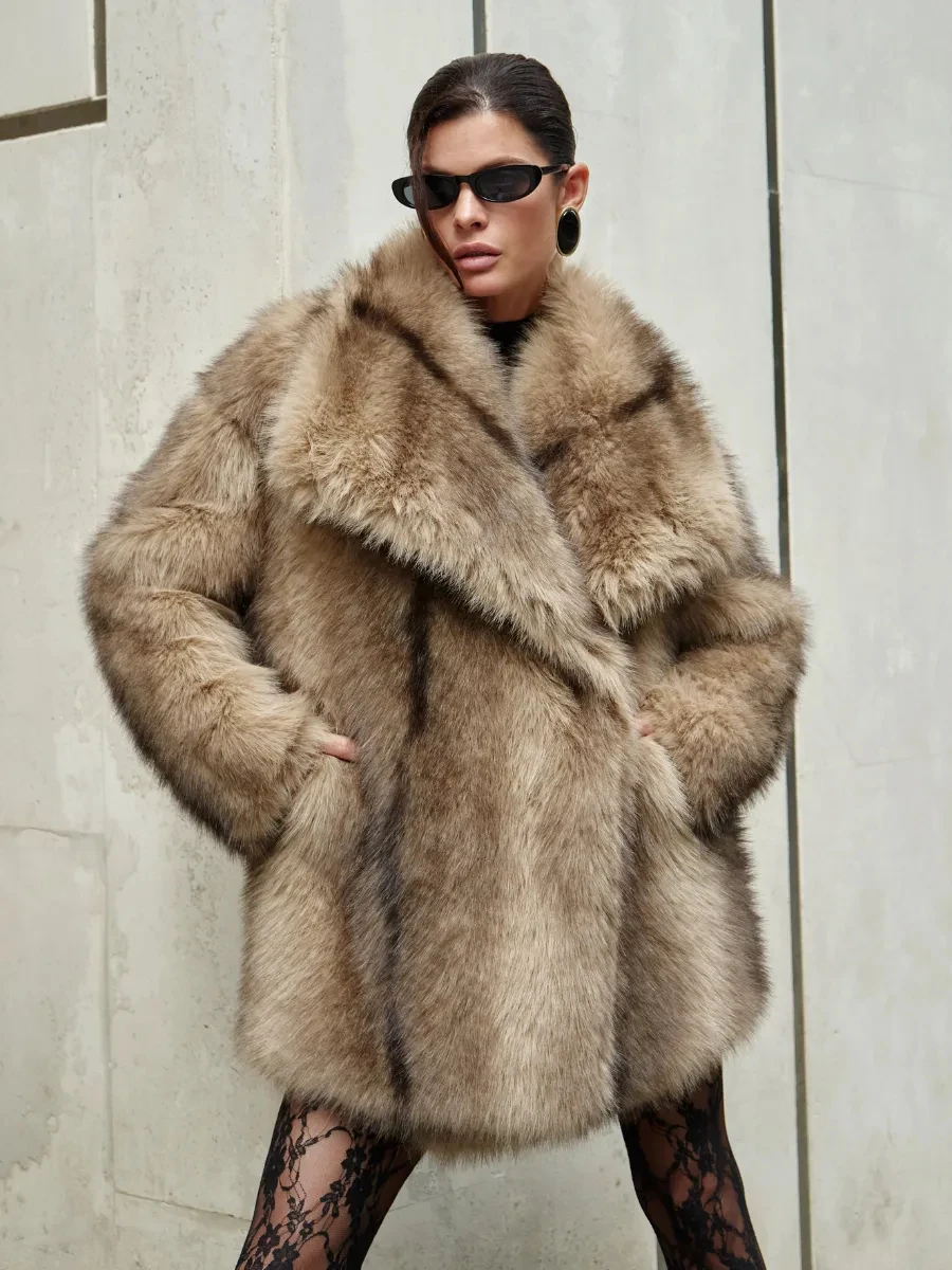 IG Women Wide Lapel Faux Fur Mid-Length Coat, Insulated Fluffy Oversized Jacket, Winter Warm Street Style Casual Outerwear