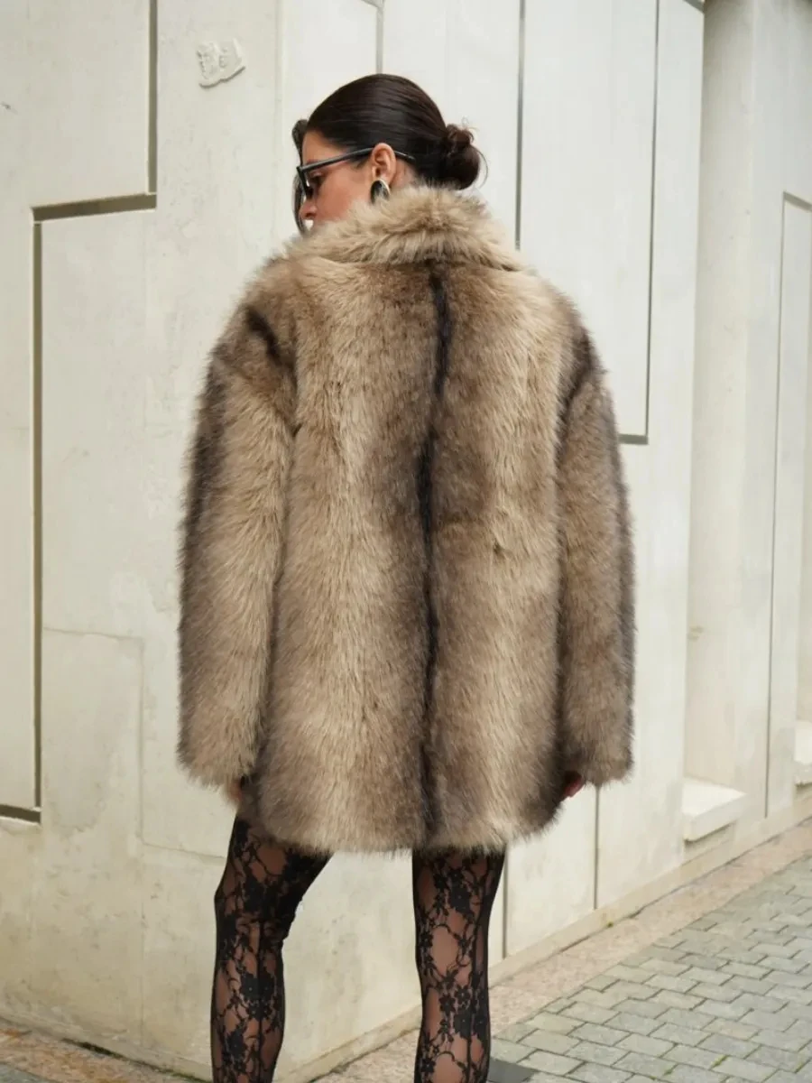 IG Women Wide Lapel Faux Fur Mid-Length Coat, Insulated Fluffy Oversized Jacket, Winter Warm Street Style Casual Outerwear