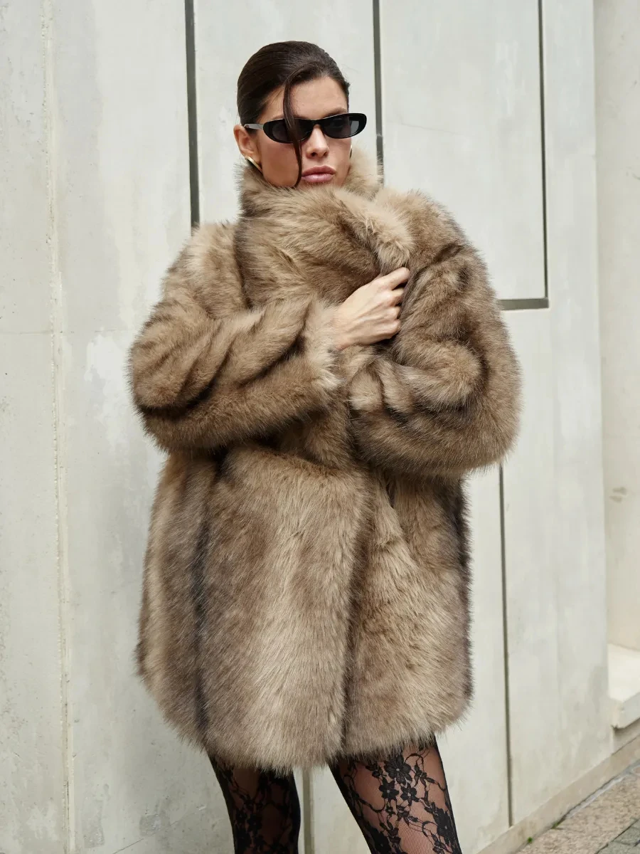 IG Women Wide Lapel Faux Fur Mid-Length Coat, Insulated Fluffy Oversized Jacket, Winter Warm Street Style Casual Outerwear