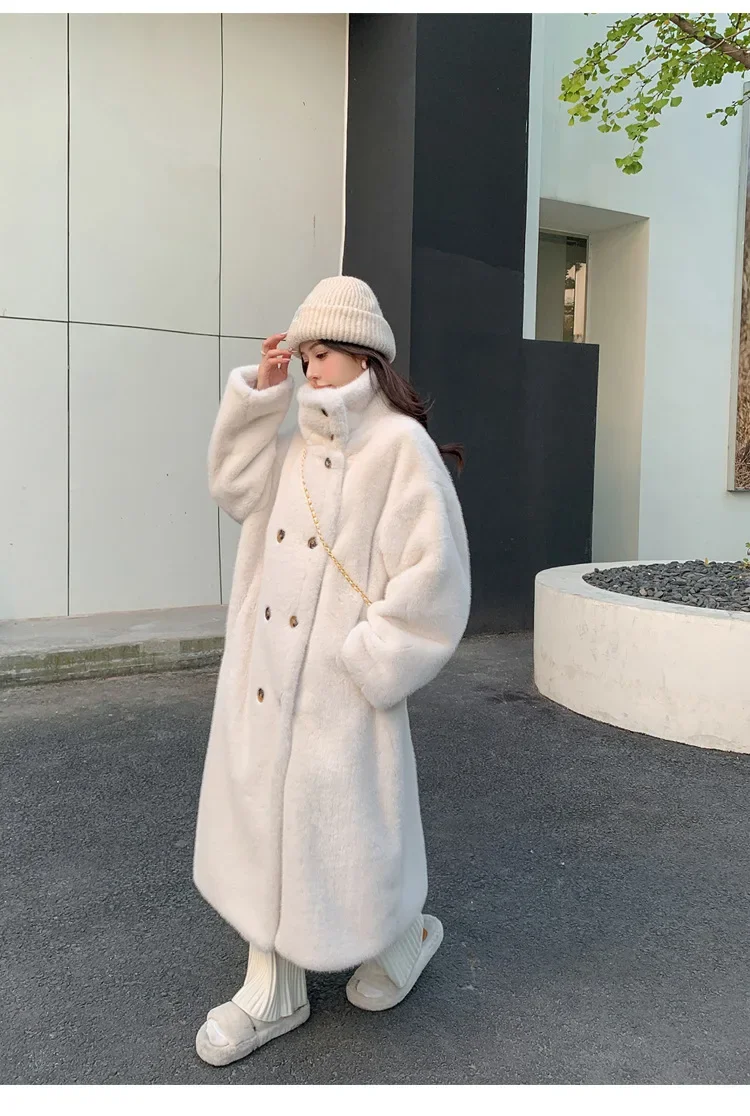 Women Faux Fur Long Coats Jackets Stand Collar Coat Thick Warm Y2k Streetwear Jacket Elegant Work Casual Outerwear Autumn Winter