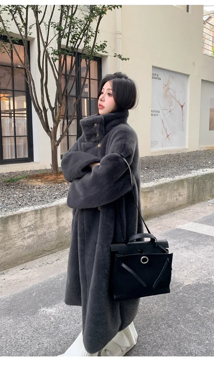 Women Faux Fur Long Coats Jackets Stand Collar Coat Thick Warm Y2k Streetwear Jacket Elegant Work Casual Outerwear Autumn Winter