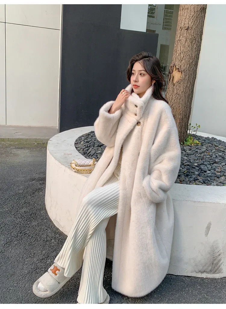 Women Faux Fur Long Coats Jackets Stand Collar Coat Thick Warm Y2k Streetwear Jacket Elegant Work Casual Outerwear Autumn Winter