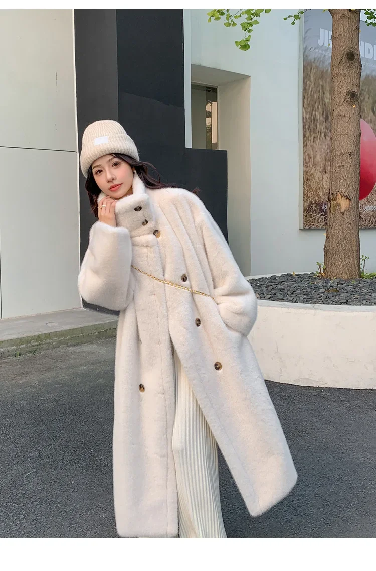 Women Faux Fur Long Coats Jackets Stand Collar Coat Thick Warm Y2k Streetwear Jacket Elegant Work Casual Outerwear Autumn Winter