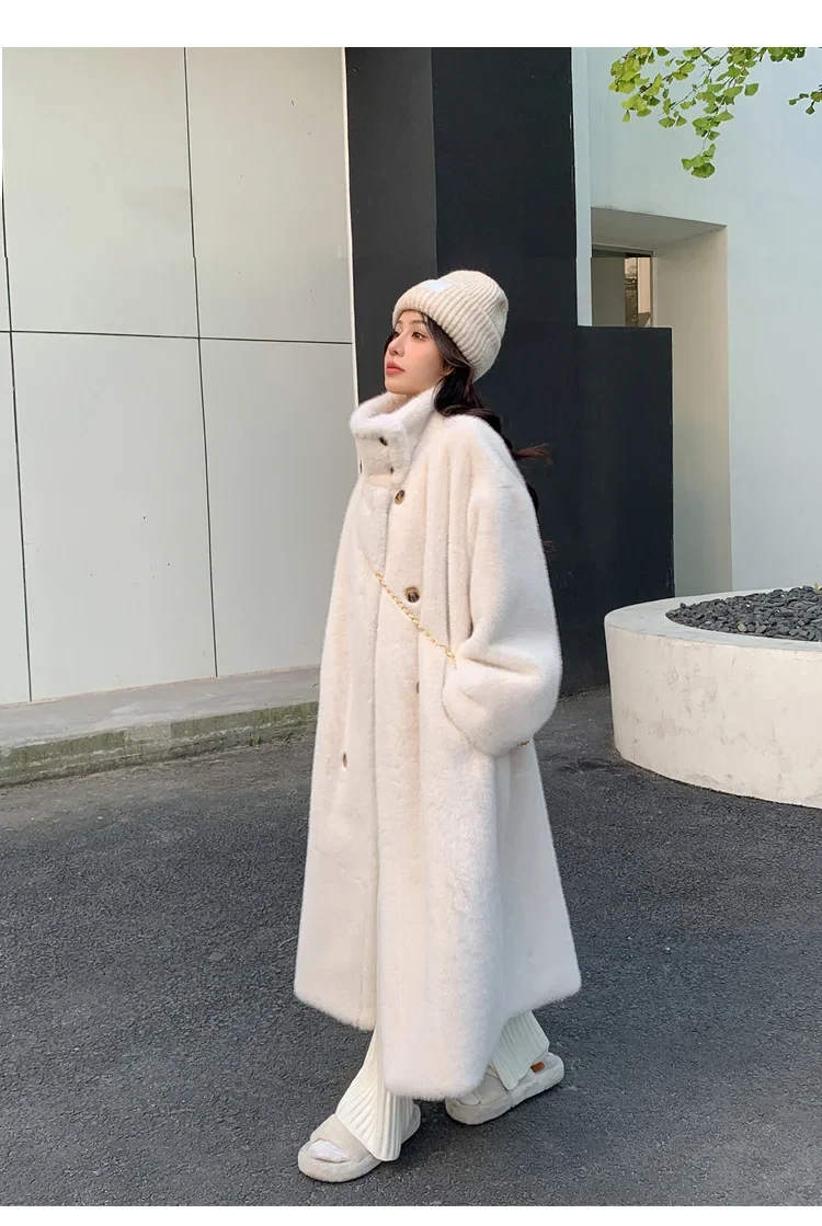 Women Faux Fur Long Coats Jackets Stand Collar Coat Thick Warm Y2k Streetwear Jacket Elegant Work Casual Outerwear Autumn Winter