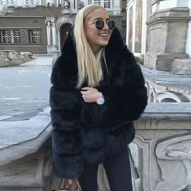 Short Coat Women Fox Faux Fur Coats Hooded Zipper Full Sleeve Thick Warm Elegant Splice Casual Autumn Winter Open Stitch