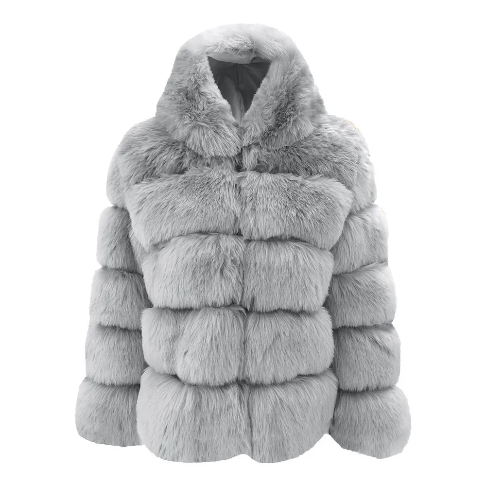 Short Coat Women Fox Faux Fur Coats Hooded Zipper Full Sleeve Thick Warm Elegant Splice Casual Autumn Winter Open Stitch