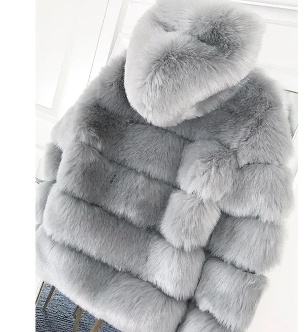 Short Coat Women Fox Faux Fur Coats Hooded Zipper Full Sleeve Thick Warm Elegant Splice Casual Autumn Winter Open Stitch