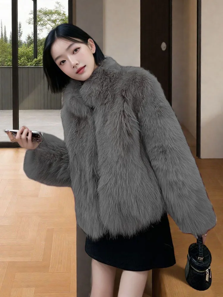 GVUW Korean Fashion Stand Up Collar Thickened Warm Women's Fur Coat Casual All-match Loose Coat 2026 Autumn New 17S4643