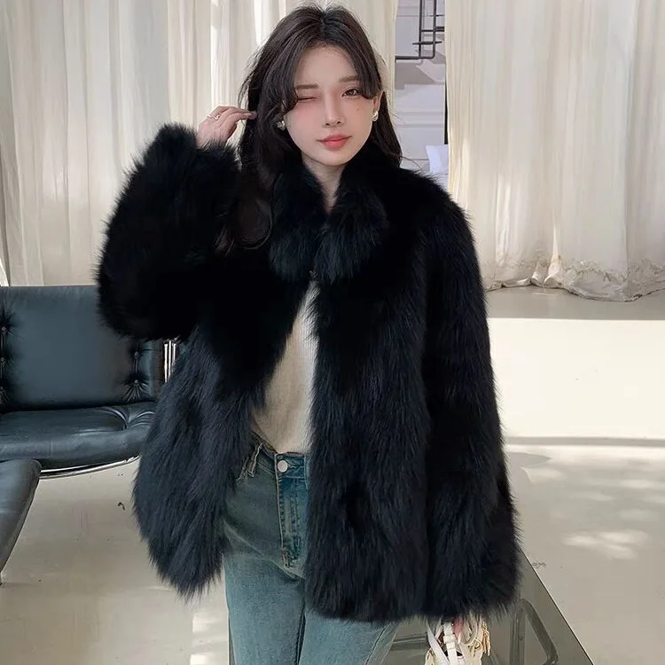 GVUW Korean Fashion Stand Up Collar Thickened Warm Women's Fur Coat Casual All-match Loose Coat 2026 Autumn New 17S4643