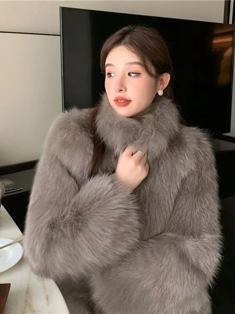 GVUW Korean Fashion Stand Up Collar Thickened Warm Women's Fur Coat Casual All-match Loose Coat 2026 Autumn New 17S4643