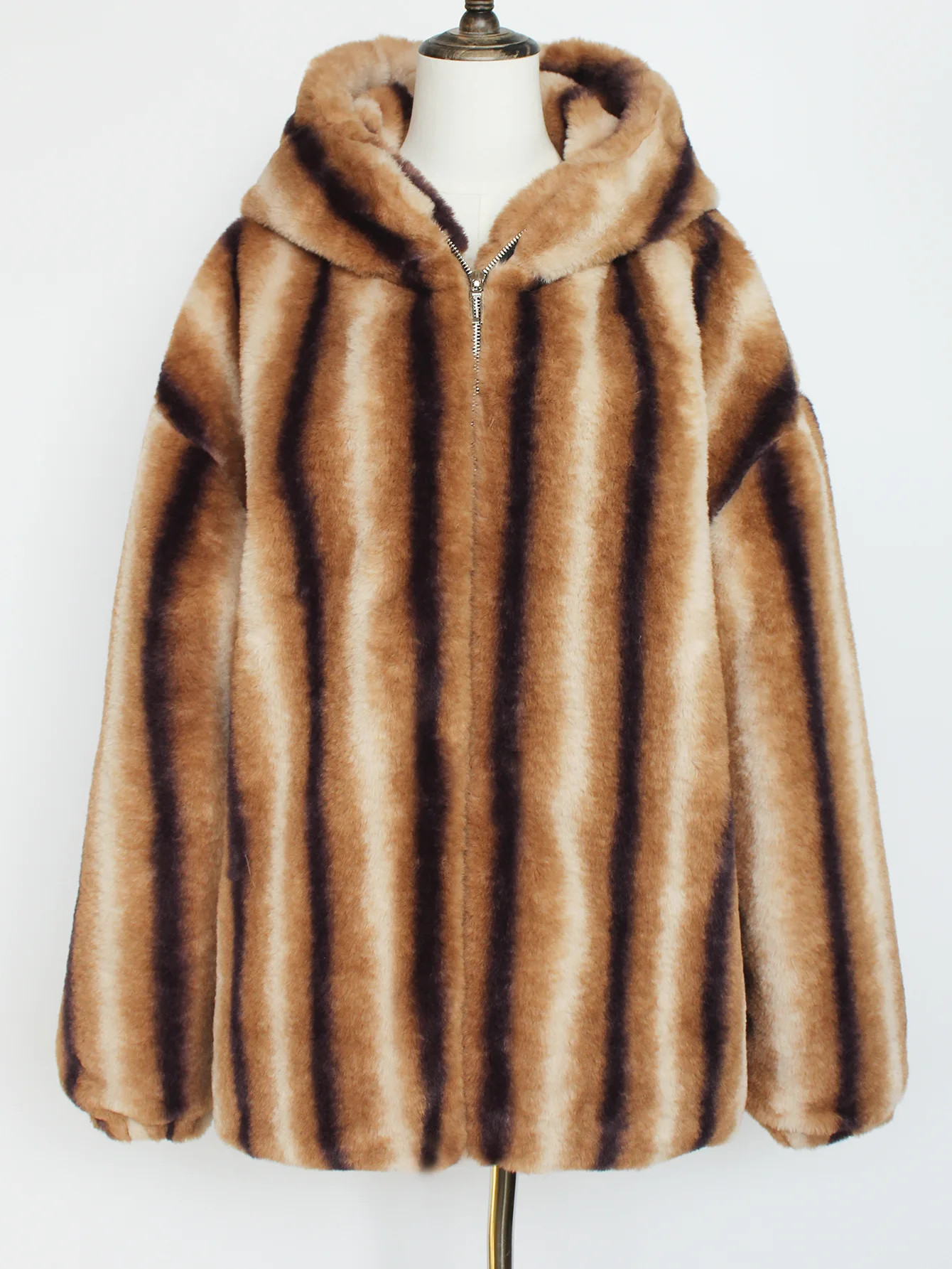 Women's Eco-Friendly Hip-Hop Faux Fur Jacket Autumn Winter Warm Hooded Vertical Stripe Mink Design