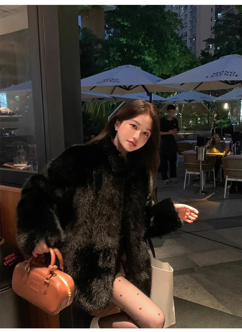 Lautaro Autumn Winter Black Soft Thick Warm Hairy Shaggy Faux Fox Fur Coat Women Stand Collar Long Sleeve Fluffy Jacket 2023