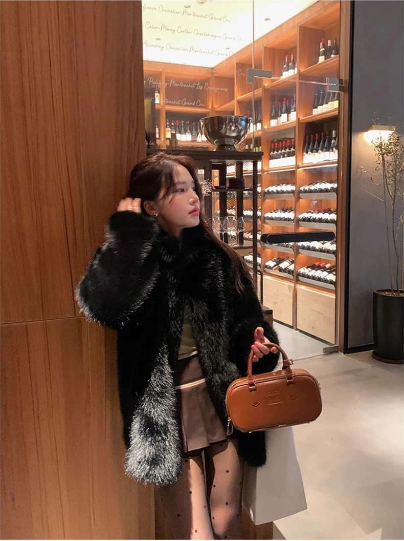 Lautaro Autumn Winter Black Soft Thick Warm Hairy Shaggy Faux Fox Fur Coat Women Stand Collar Long Sleeve Fluffy Jacket 2023