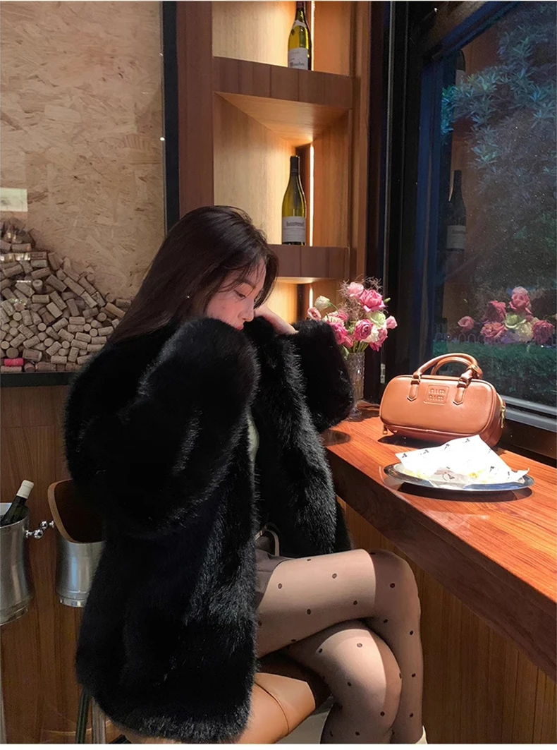 Lautaro Autumn Winter Black Soft Thick Warm Hairy Shaggy Faux Fox Fur Coat Women Stand Collar Long Sleeve Fluffy Jacket 2023