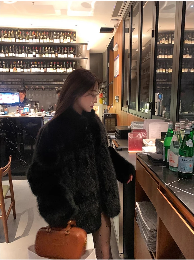 Lautaro Autumn Winter Black Soft Thick Warm Hairy Shaggy Faux Fox Fur Coat Women Stand Collar Long Sleeve Fluffy Jacket 2023