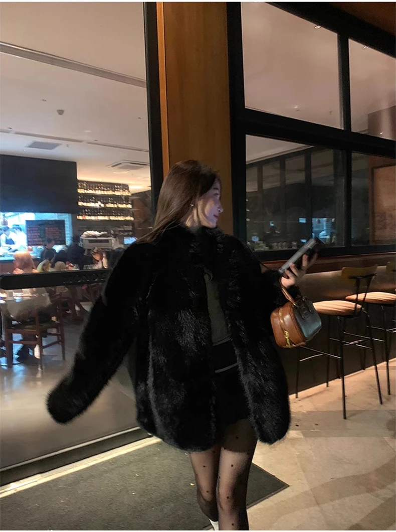 Lautaro Autumn Winter Black Soft Thick Warm Hairy Shaggy Faux Fox Fur Coat Women Stand Collar Long Sleeve Fluffy Jacket 2023