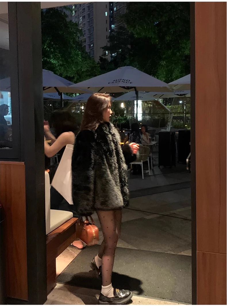Lautaro Autumn Winter Black Soft Thick Warm Hairy Shaggy Faux Fox Fur Coat Women Stand Collar Long Sleeve Fluffy Jacket 2023
