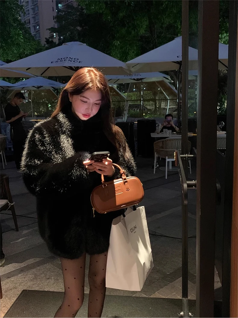 Lautaro Autumn Winter Black Soft Thick Warm Hairy Shaggy Faux Fox Fur Coat Women Stand Collar Long Sleeve Fluffy Jacket 2023