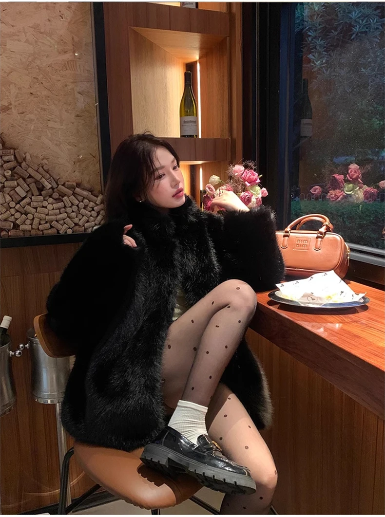 Lautaro Autumn Winter Black Soft Thick Warm Hairy Shaggy Faux Fox Fur Coat Women Stand Collar Long Sleeve Fluffy Jacket 2023
