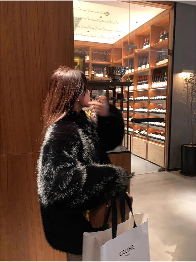 Lautaro Autumn Winter Black Soft Thick Warm Hairy Shaggy Faux Fox Fur Coat Women Stand Collar Long Sleeve Fluffy Jacket 2023